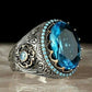 Ethnic Jewelry Big Blue Round Cut Zircon Rings for Women Men in Silver Color