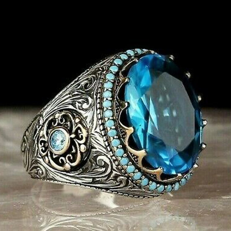 Ethnic Jewelry Big Blue Round Cut Zircon Rings for Women Men in Silver Color