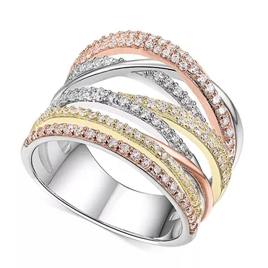 Romantic Jewelry Charm 3 Metallic Colors X Cross Design CZ Fashion Ring