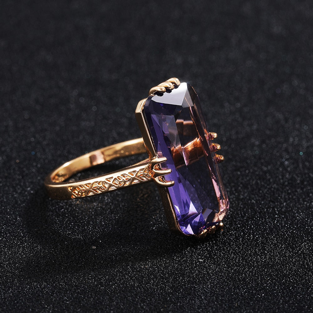 Fashion Jewelry Big Radiant Cut Purple Zircon Cocktail Rings for Women in Gold Color