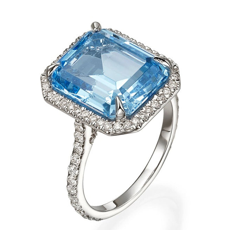 Blue Emerald Cut Zircon Engagement Rings for Women in Silver Color
