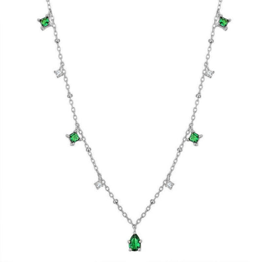 Retro Jewelry Emerald Necklace with Rhinestone for Women in Silver Color