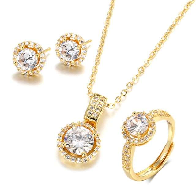 Wedding Jewelry Round Cut Crystal Jewelry Set for Bride with Zircon in Gold Color