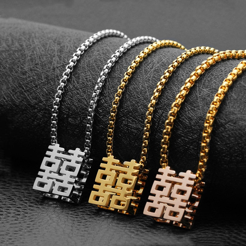 Hip Hop Jewelry Chinese Character Pendant Necklaces in Gold Color