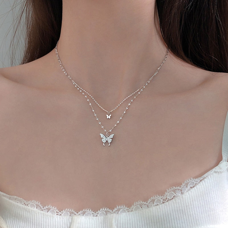 Trendy Jewelry Double Layer Butterfly Necklace for Women with Zircon in 925 Sterling Silver