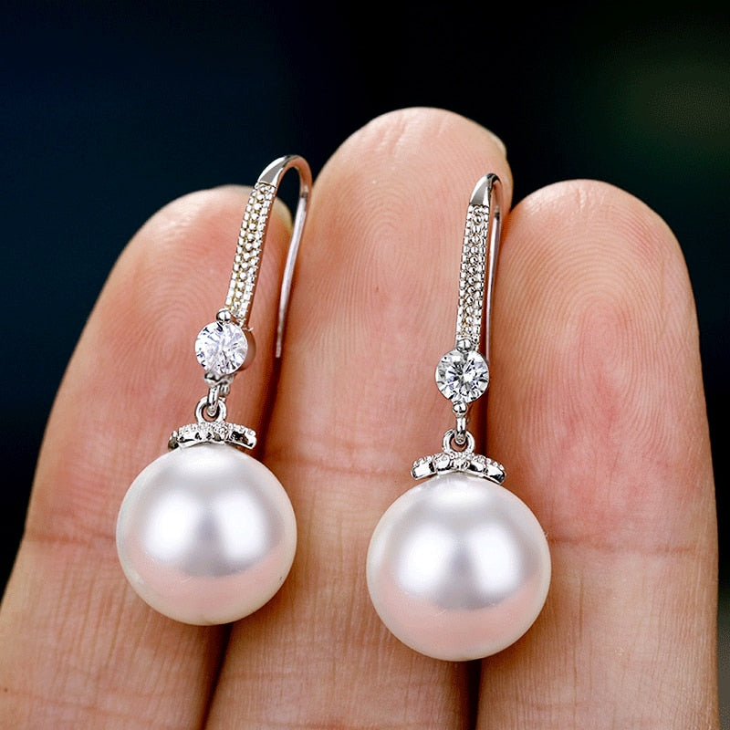 Elegant Imitation Pearl Dangle Earrings for Women with Zircon in Silver Color