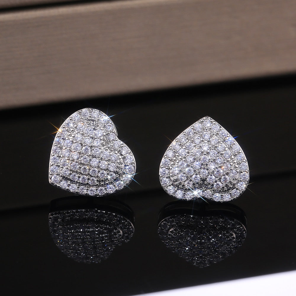 Dazzling Heart Stud Earrings for Women with Cubic Zirconia in Silver Color