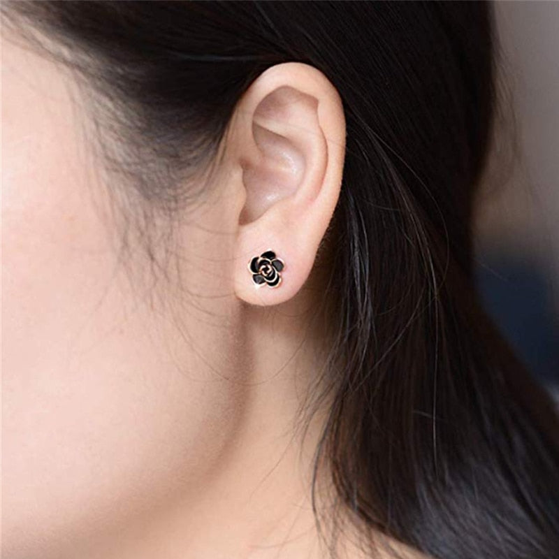 Trendy Jewelry Enamel Camellia Flower Stud Earrings for Women in Gold Color