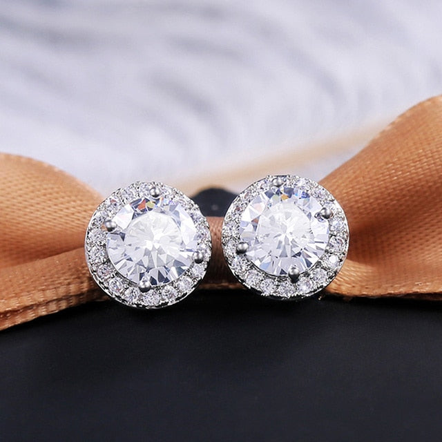 Wedding Jewelry Classic Round Stud Earrings for Women with Zircon in Silver Color