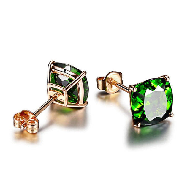 Simple Green Square Stud Earrings for Women with Zircon in Gold Color