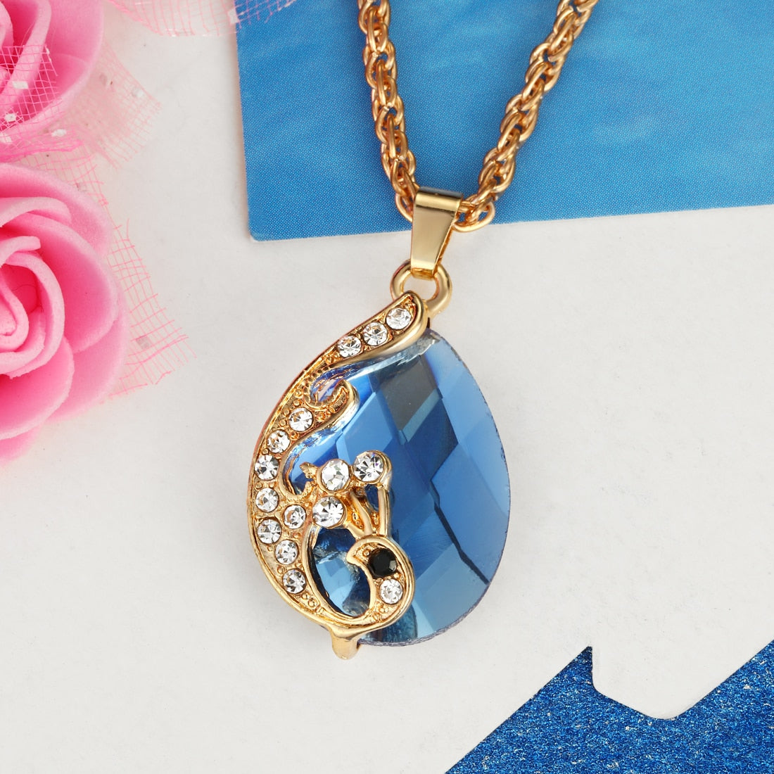 Wedding Jewelry Luxury Blue Marquise Cut Crystal Jewelry Set in Gold Color