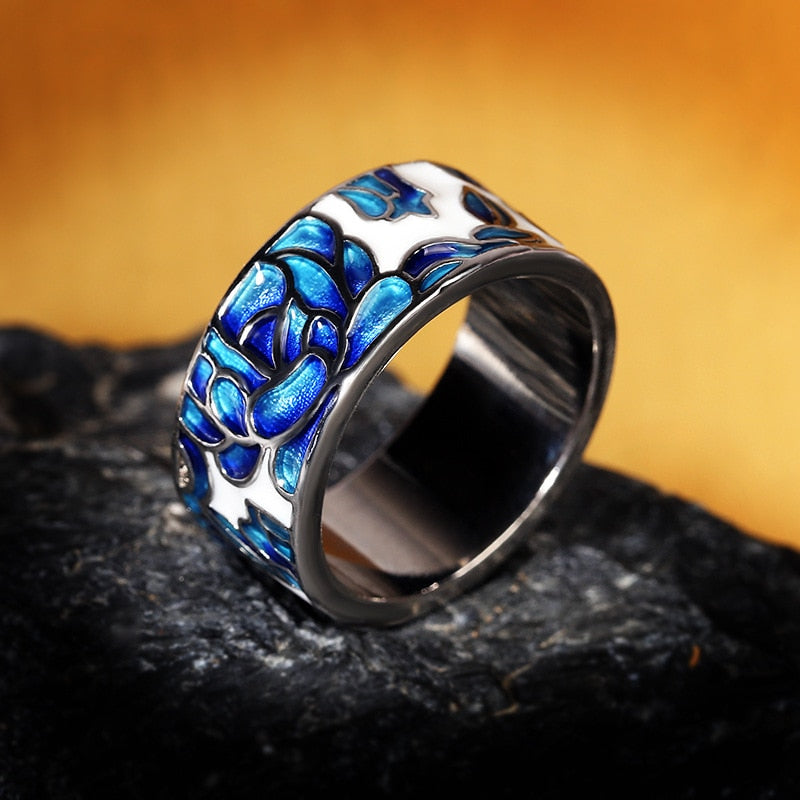 Fashion Jewelry Blue Flower Enamel Band Ring with Zircon in 925 Sterling Silver