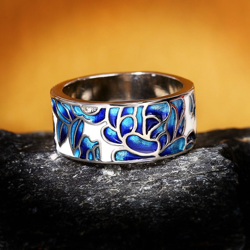 Fashion Jewelry Blue Flower Enamel Band Ring with Zircon in 925 Sterling Silver