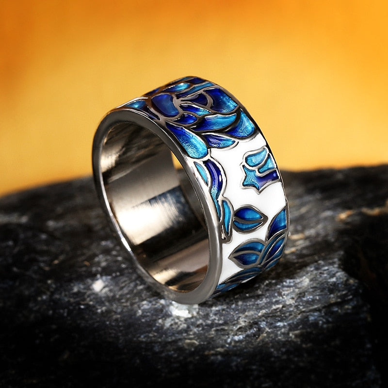 Fashion Jewelry Blue Flower Enamel Band Ring with Zircon in 925 Sterling Silver