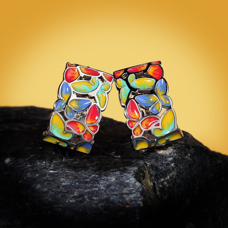 Hollow Colorful Butterfly Enamel Hoop Earrings for Women in 925 Sterling Silver