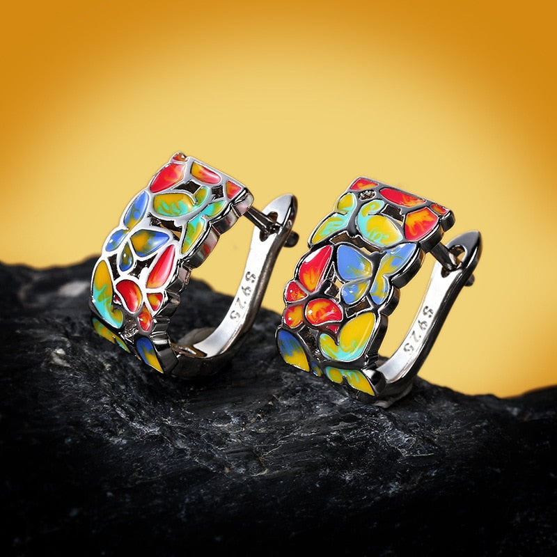 Hollow Colorful Butterfly Enamel Hoop Earrings for Women in 925 Sterling Silver