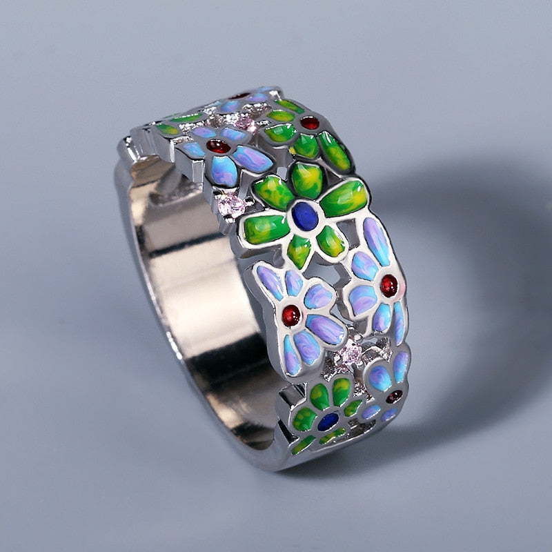 Bohemian Flower Ring for Women with Colored Handmade Enamel