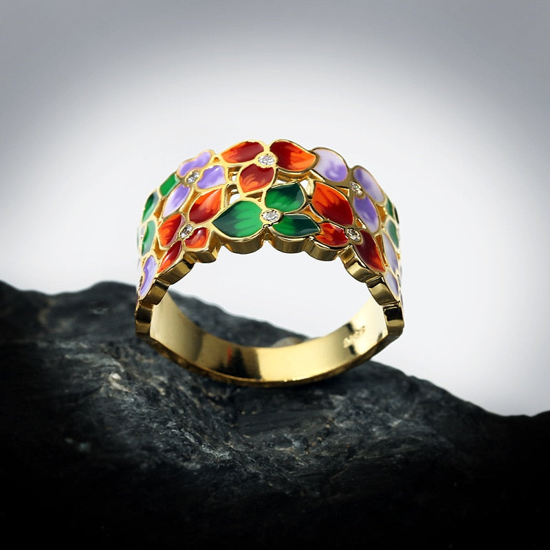 Fashion Jewelry Colorful Flower Enamel Ring for Women with Zircon in 925 Silver