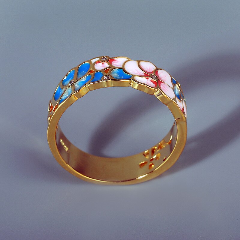 Elegant Flower Enamel Ring for Women with Zircon in 925 Sterling Silver