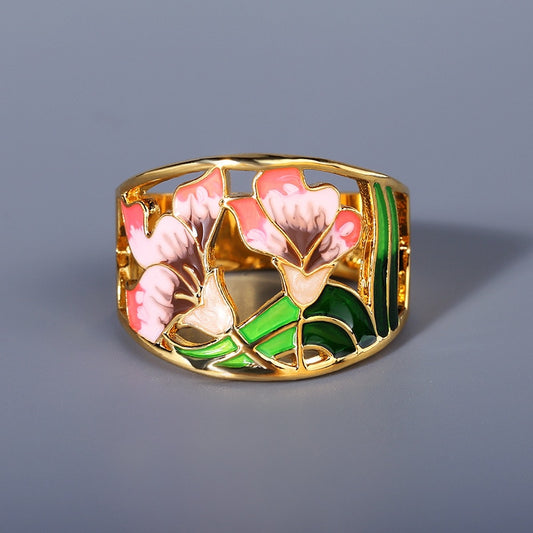 Fashion Jewelry Retro Hollow Flower Enamel Cocktail Ring for Women in 925 Sterling Silver