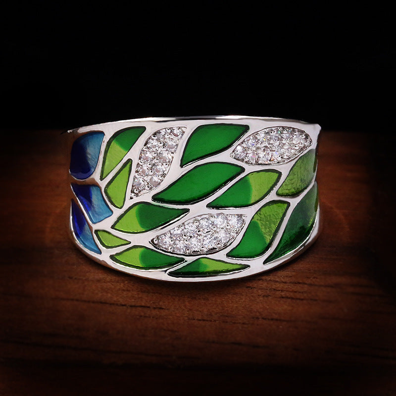 Fashion Jewelry Green Leaves Enamel Band Ring with Zircon in 925 Sterling Silver