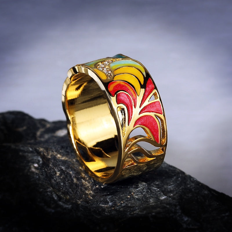 Colorful Feather Enamel Ring for Women with Zircon in 925 Sterling Silver