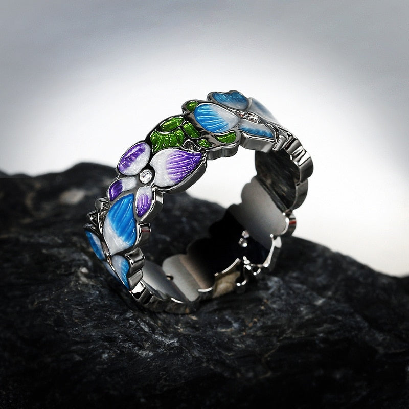 Blue Butterfly Purple Flower Enamel Ring for Women with Zircon in 925 Sterling Silver