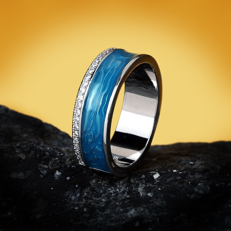 Fashion Jewelry Blue Stripe Enamel Ring for Women with Zircon in 925 Sterling Silver