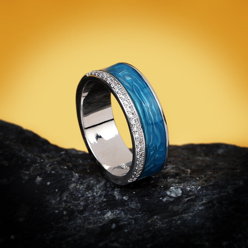 Fashion Jewelry Blue Stripe Enamel Ring for Women with Zircon in 925 Sterling Silver