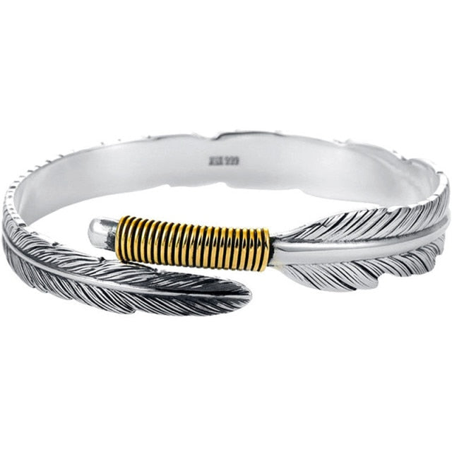 Vintage Jewelry Adjustable Feather Bangle Bracelet in 925 Sterling Silver