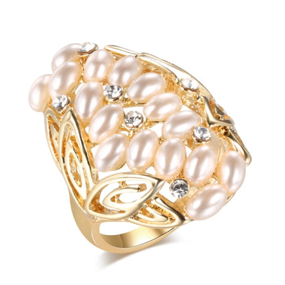 Fashion Jewelry Leaf Pearl Ring For Women with Zircon in Gold Color