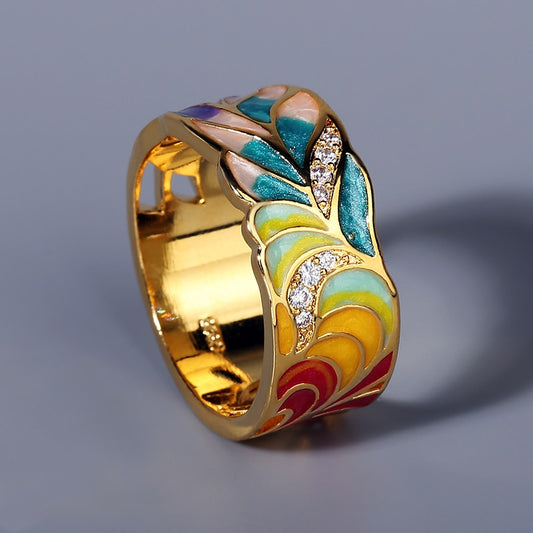 Colorful Feather Enamel Ring for Women with Zircon in 925 Sterling Silver