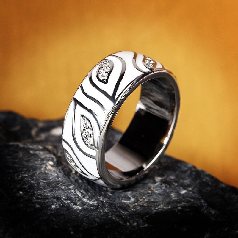 Fashion Jewelry White Leaves Enamel Band Ring with Zircon in 925 Sterling Silver