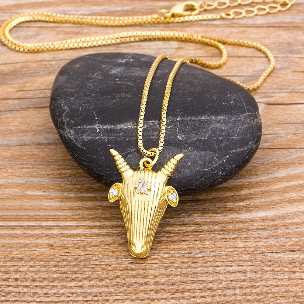 Trendy Animal Sheep Head Pendant Necklaces with Zircon in Gold Color