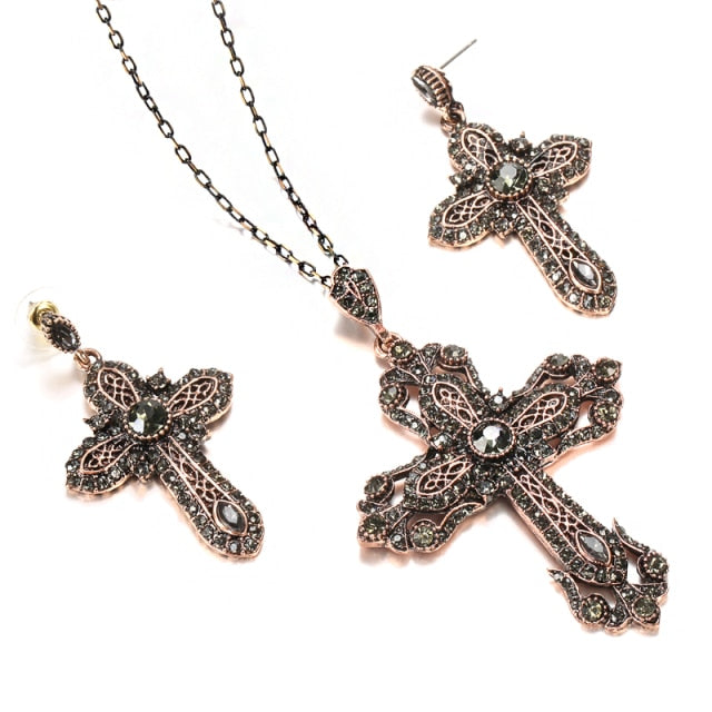 Vintage Jewelry Noble Gray Crystal Cross Jewelry Set for a Friend with Zircon in Gold Color
