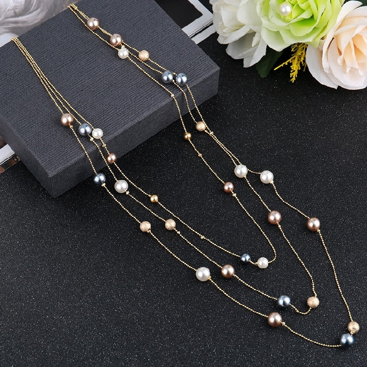 Multilayer Imitation Simulated-pearls Long Chains Necklace for Women as Party Accessories