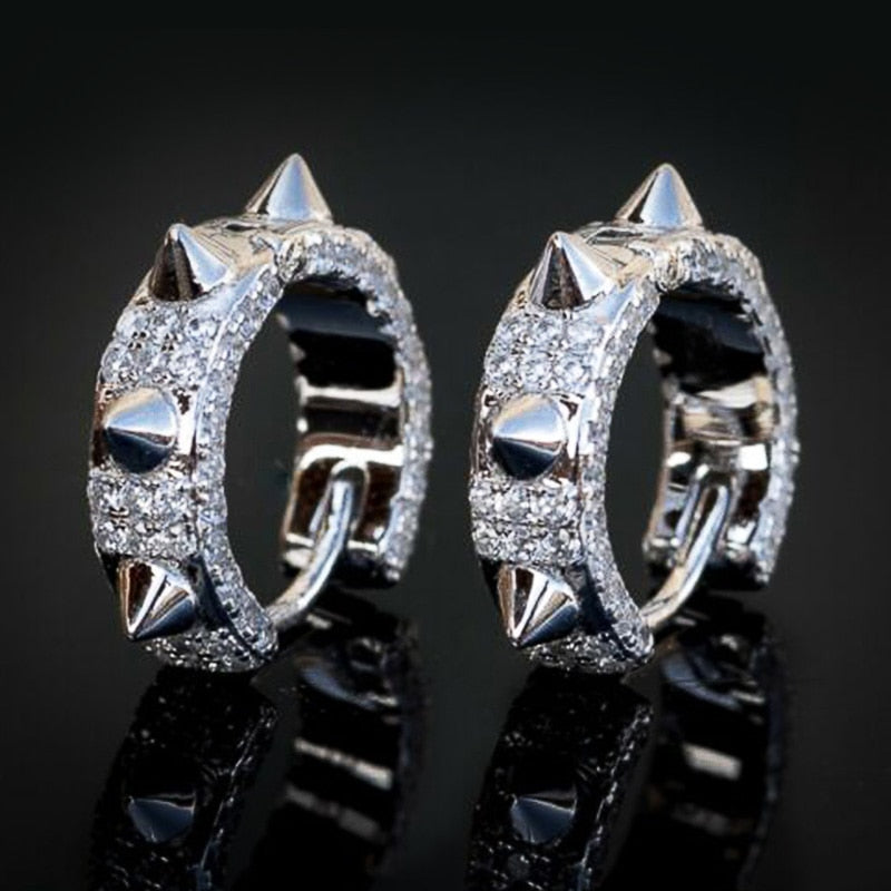 Hip Hop Jewelry Small Rivet Hoop Earrings for Women with Zircon in Silver Color