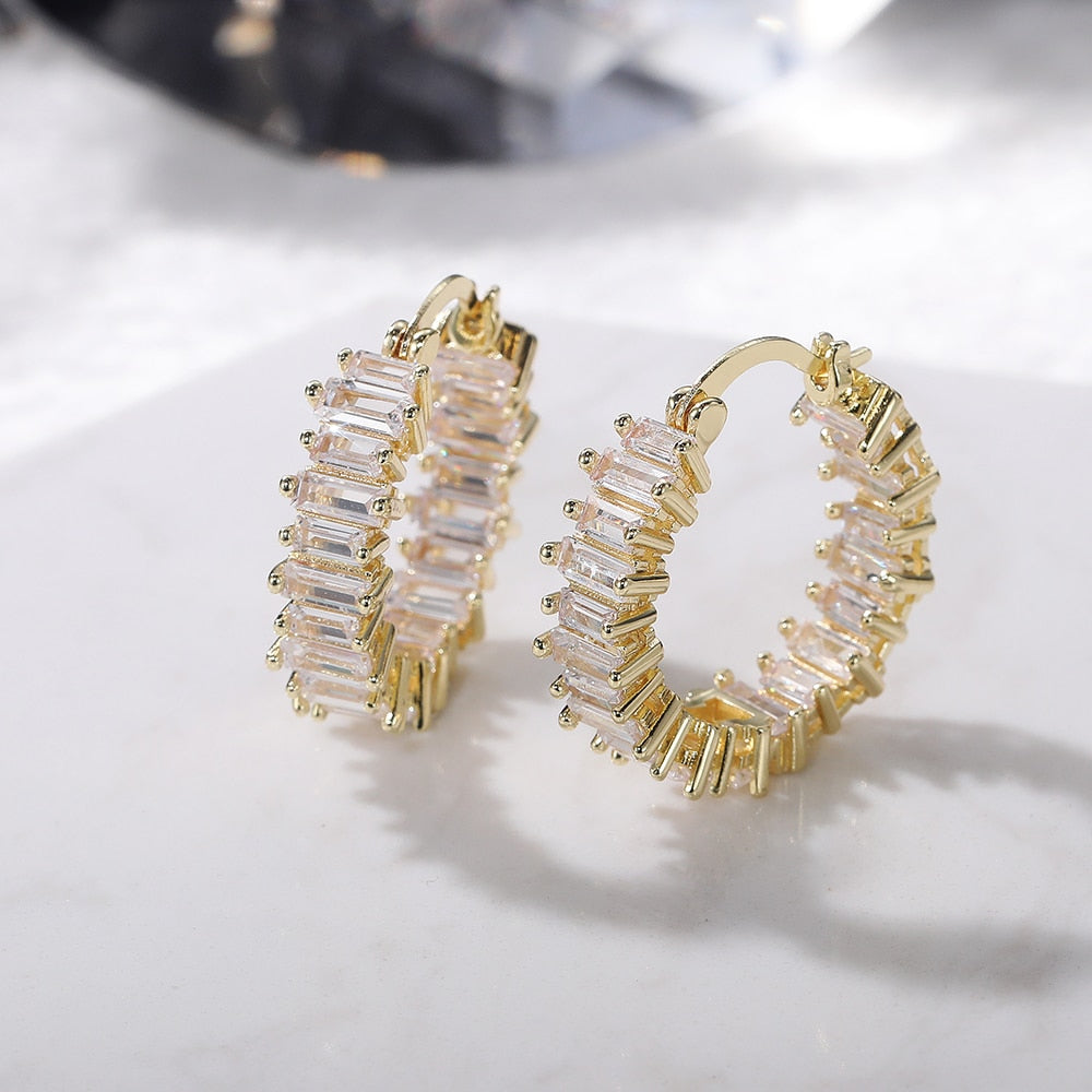 Fashion Jewelry Small Baguette Hoop Earrings for Women with Zircon in Silver Color