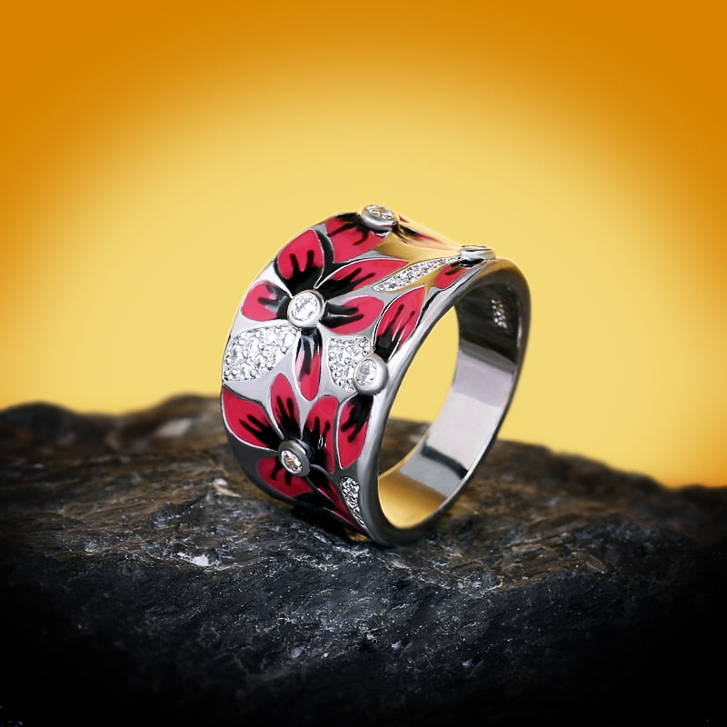 Chinese Jewelry Simple Red Flower Enamel Ring for Women with Zircon in 925 Sterling Silver