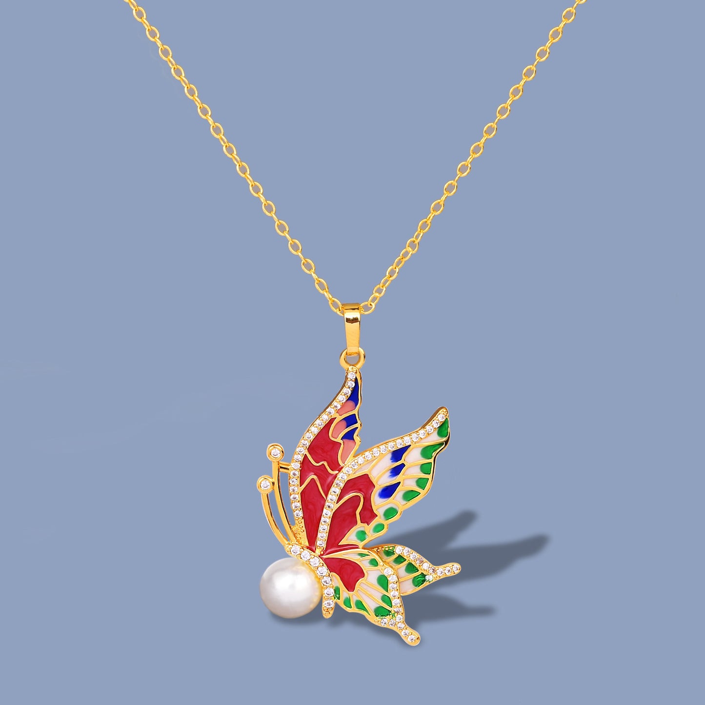 Handmade Enamel Butterfly Pendant Necklace for Women with Pearl in 925 Silver