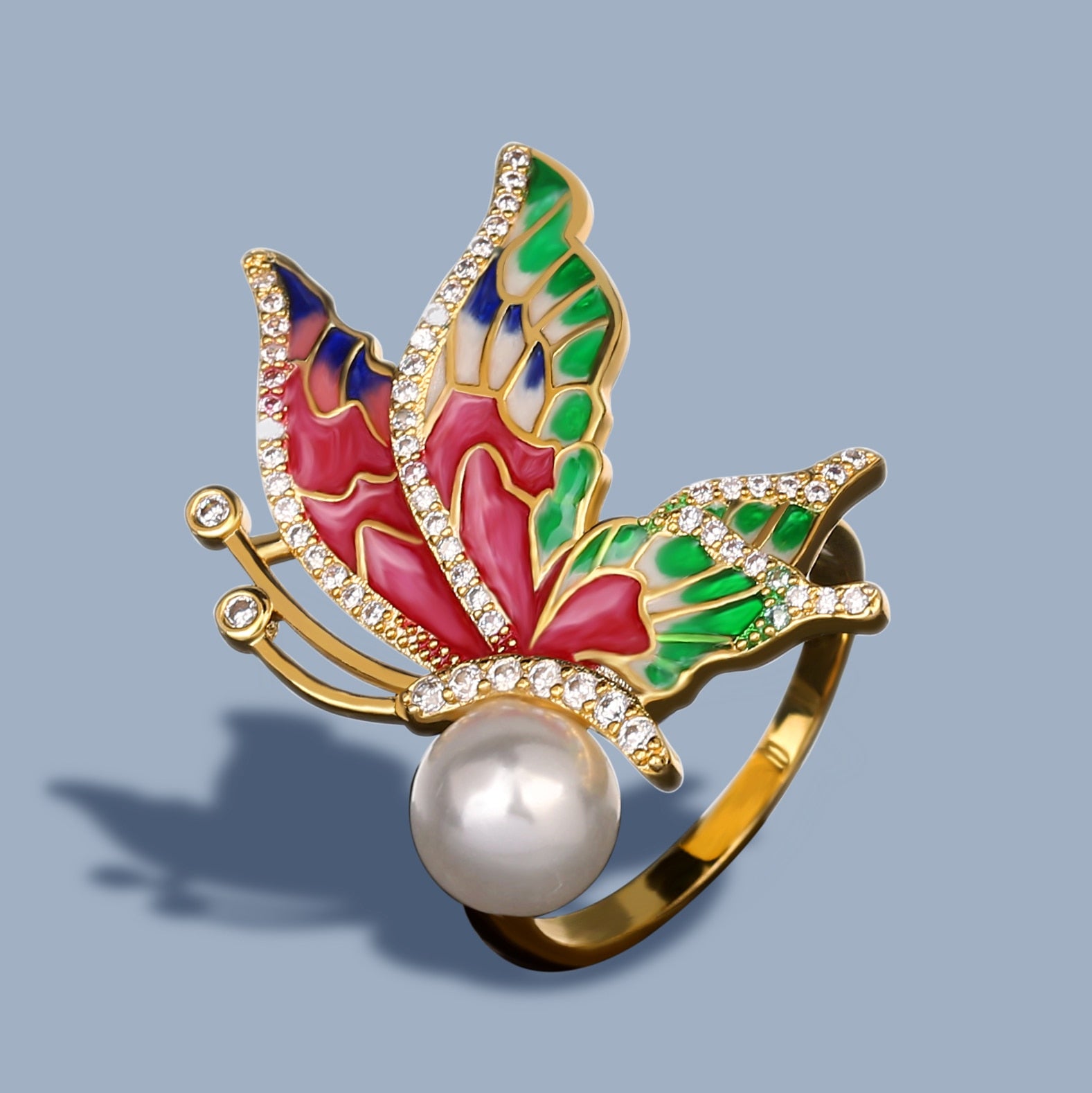 Exquisite Butterfly Enamel Ring for Women with Pearl in 925 Sterling Silver