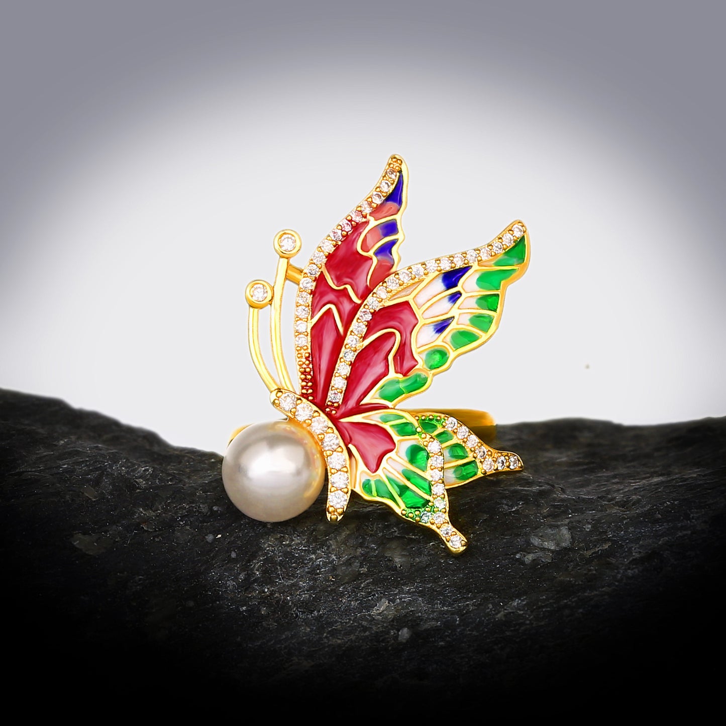 Exquisite Butterfly Enamel Ring for Women with Pearl in 925 Sterling Silver