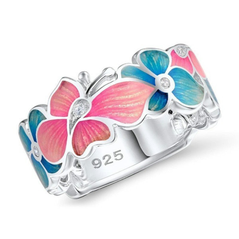 Pink Butterfly Blue Flower Enamel Ring for Women with Zircon in 925 Sterling Silver