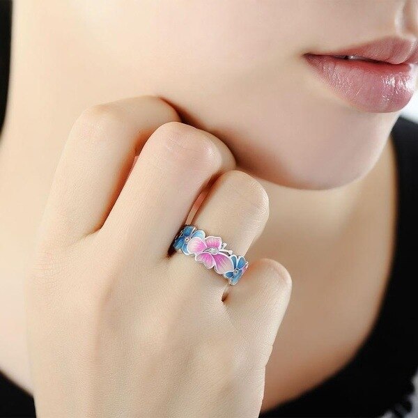 Pink Butterfly Blue Flower Enamel Ring for Women with Zircon in 925 Sterling Silver