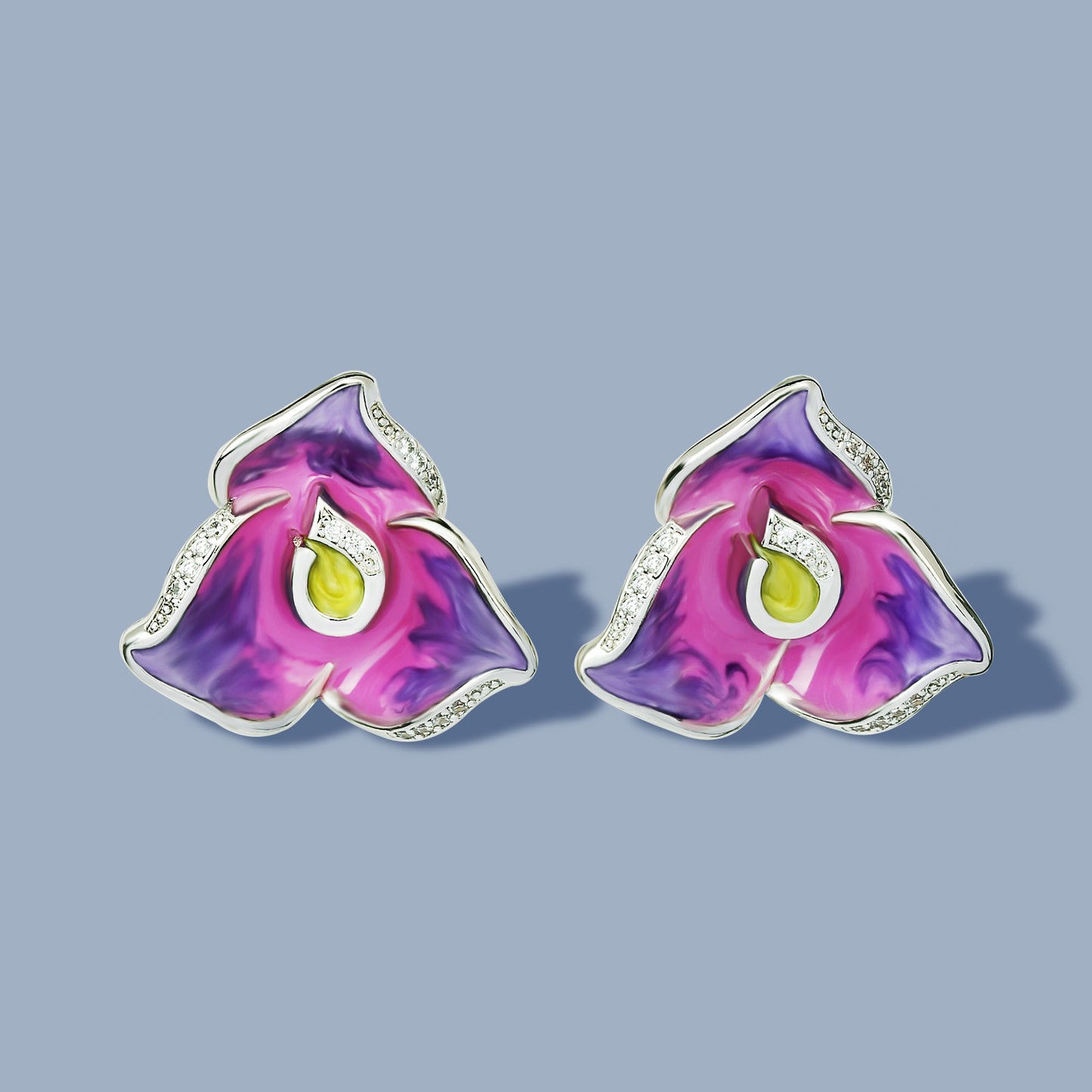 Trendy Jewelry Handmade Enamel Purple Flower Stud Earrings for Women in 925 Silver