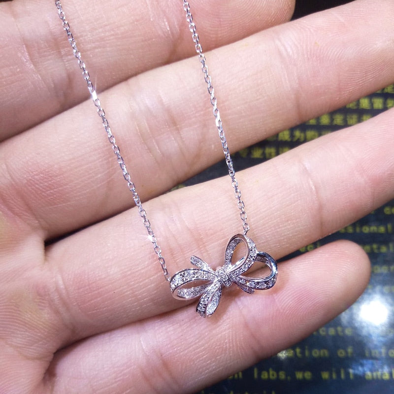 Micro Pave Bowknot Pendant Necklace for Women with Zircon in Silver Color