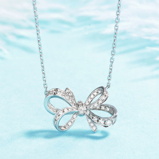 Micro Pave Bowknot Pendant Necklace for Women with Zircon in Silver Color