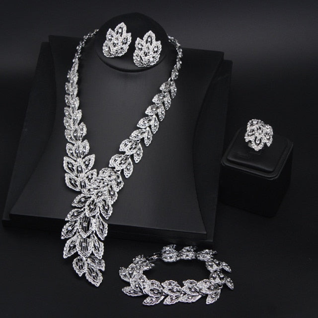 Wedding Jewelry 4PCS Peacock Feather Crystal Jewelry Set for Bridal
