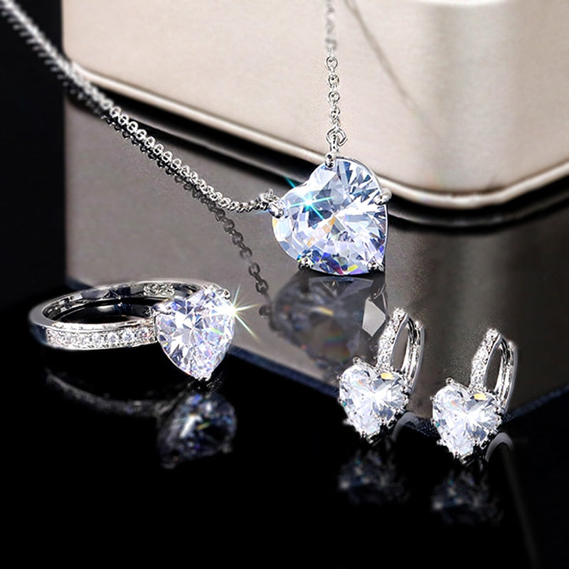 Wedding Jewelry Luxury Heart Jewelry Set for Women with Cubic Zirconia in Silver Color