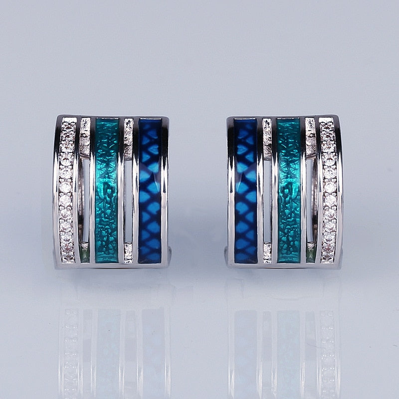 Chic Enamel Earrings with Three-row Geometric Zircon in Silver Colorful  Trendy Jewelry